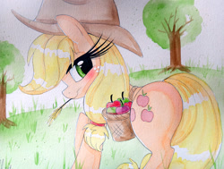 Size: 1056x800 | Tagged: safe, artist:prettypinkpony, applejack, earth pony, pony, apple, basket, blushing, eyelashes, freckles, looking back, solo, sweet apple acres, traditional art, tree, watercolor painting