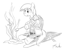 Size: 944x726 | Tagged: safe, artist:flak--k, derpy hooves, pegasus, pony, armor, campfire, dark souls, fantasy class, female, fire, food, grayscale, knight, mare, marshmallow, monochrome, shield, simple background, sitting, smiling, solo, sword, warrior, weapon, white background