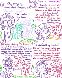 Size: 1280x1611 | Tagged: safe, artist:adorkabletwilightandfriends, cloudchaser, lyra heartstrings, roseluck, starlight glimmer, earth pony, pegasus, pony, unicorn, comic:adorkable twilight and friends, adorkable, adorkable friends, advice, alluding, butt, comic, cute, dork, feelings, flower, humor, love, lying, plant, plot, relationship, shop, sneaky, torn, trickery