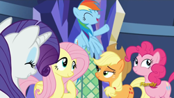 Size: 1280x720 | Tagged: safe, derpibooru import, screencap, applejack, fluttershy, pinkie pie, rainbow dash, rarity, earth pony, pegasus, pony, unicorn, castle sweet castle