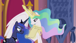 Size: 1280x720 | Tagged: safe, screencap, princess celestia, princess luna, alicorn, pony, crusaders of the lost mark, magic, scroll