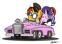 Size: 5015x3594 | Tagged: safe, artist:bobthedalek, starlight glimmer, sunburst, pony, unicorn, atg 2019, car, clothes, crossover, driving, duo, eyes closed, fab1, female, glasses, hat, male, mare, newbie artist training grounds, simple background, stallion, thunderbirds, white background