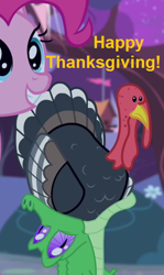 Size: 306x514 | Tagged: safe, screencap, gummy, pinkie pie, pony, filli vanilli, animal, caption, cropped, eat, eating, female, mare, open mouth, pet, thanksgiving, turkey