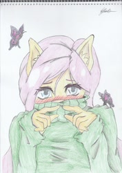 Size: 1280x1810 | Tagged: safe, artist:blitzshadowwind, fluttershy, anthro, blushing, clothes, hiding, solo, sweatershy, traditional art