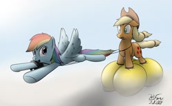 Size: 1280x790 | Tagged: safe, artist:the-furry-railfan, derpibooru import, applejack, rainbow dash, earth pony, pegasus, pony, boots, cloud, cloudy, cowboy hat, floating, flying, galoshes, hat, helium, hose, inflation, pulling, reins, sky, stetson