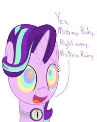 Size: 1600x2000 | Tagged: safe, artist:mightyshockwave, starlight glimmer, pony, unicorn, bust, collar, female, hypno collar, hypnosis, hypnotized, kaa eyes, looking up, mistress, portrait, solo, speech, swirly eyes, tech control