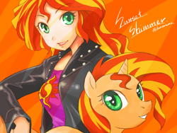 Size: 2048x1536 | Tagged: safe, artist:bonoramo, sunset shimmer, pony, unicorn, equestria girls, anime, clothes, cute, female, human ponidox, jacket, leather jacket, looking at you, mare, self ponidox, shirt, solo