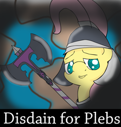 Size: 2142x2237 | Tagged: source needed, safe, artist:rainbowink, fluttershy, pegasus, pony, axe, costanza face, costanza.jpg, disdain, disdain for plebs, fantasy class, image macro, knight, meme, plebeian, plebs, solo, warrior