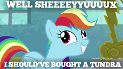 Size: 719x404 | Tagged: safe, derpibooru import, edit, edited screencap, screencap, rainbow dash, pegasus, pony, newbie dash, behaving like applejack, discovery family logo, female, forthright filly, mare, meme, read description, solo, toyota tundra, voice actor joke