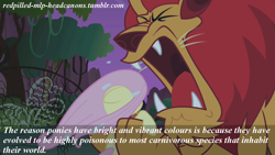 Size: 1280x720 | Tagged: safe, fluttershy, manticore, pegasus, pony, headcanon, image macro, meme, mlp-headcanons, redpilled-mlp-headcanons