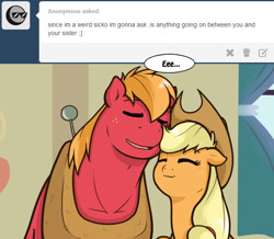 Size: 623x543 | Tagged: safe, artist:redhotkick, applejack, big macintosh, earth pony, pony, ask, ask big red macintosh, cute, implied incest, male, shipping denied, single panel, stallion, tumblr