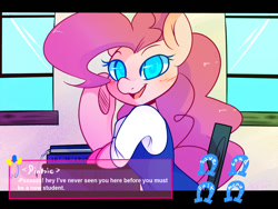 Size: 1024x768 | Tagged: safe, artist:kikiluv17, pinkie pie, earth pony, pony, blushing, colored pupils, dating sim, dialogue, school, solo