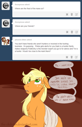 Size: 568x880 | Tagged: safe, artist:the-chibster, applejack, earth pony, pony, alternate universe, ask, ask-hunterjack, hunterjack, solo, speech bubble, tumblr