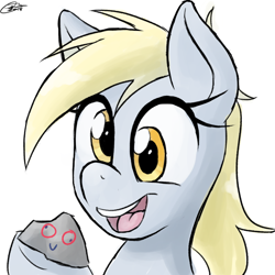 Size: 1024x1024 | Tagged: safe, artist:zaron, derpy hooves, female, happy, mare, pet rock, rock, simple background, smiling, solo, white background