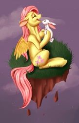 Size: 831x1280 | Tagged: safe, artist:bruised, angel bunny, fluttershy, pegasus, pony, dirt cube, sitting