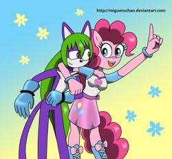 Size: 927x862 | Tagged: safe, artist:migueruchan, pinkie pie, oc, anthro, abstract background, arm around neck, canon x oc, crossover, duo, equestria girls outfit, non-mlp oc, sonic the hedgehog (series)