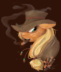 Size: 1000x1171 | Tagged: safe, artist:fyrecalla, derpibooru import, part of a set, applejack, earth pony, pony, bounty hunter, bust, cigar, cloak, clothes, female, hat, mare, scar, smoking, solo, western