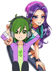 Size: 528x712 | Tagged: safe, artist:php45, artist:racoonsan, edit, spike, starlight glimmer, human, equestria girls, anime, anime style, beanie, clothes, cute, duo, equestria girls outfit, female, glimmerbetes, hat, headphones, human spike, humanized, hundreds of users filter this tag, kisekae, looking at you, male, shipping, simple background, smiling, sparlight, spikabetes, straight, torn clothes, transparent background, vector