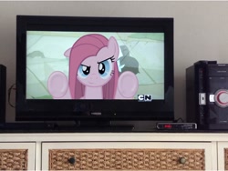 Size: 1024x768 | Tagged: safe, artist:steve10602, pinkie pie, adventure time, breaking the fourth wall, cartoon network, clock, irl, logo, photo, pinkamena diane pie, ponies in real life, solo, television, toshiba, vector