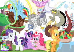 Size: 1024x724 | Tagged: safe, artist:viraljp, derpibooru import, applejack, discord, fluttershy, pinkie pie, rainbow dash, rarity, twilight sparkle, unicorn twilight, oc, oc:fluttercruel, draconequus, earth pony, pegasus, pony, unicorn, carousel boutique, chaos, crescent moon, discord: not one of a kind, discorded, draconequified, fanfic, female, floating island, fluttercruel, house of cards, male, mare, moon, pony pov series, simple background, sun, white background