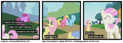 Size: 1200x420 | Tagged: safe, berry punch, berryshine, cherry berry, fluttershy, linky, shoeshine, twinkleshine, pegasus, pony, a softer world