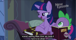 Size: 1152x610 | Tagged: safe, derpibooru import, screencap, spike, twilight sparkle, twilight sparkle (alicorn), alicorn, dragon, pony, castle mane-ia, female, mare, meme, youtube caption