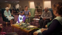 Size: 1136x640 | Tagged: safe, edit, edited screencap, screencap, rarity, pony, unicorn, closed captioning, crossover, derek, text, tv show