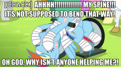 Size: 903x500 | Tagged: safe, derpibooru import, screencap, bulk biceps, rainbow dash, pegasus, pony, bandage, image macro, meme, wheelchair