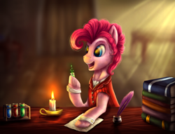 Size: 1700x1300 | Tagged: safe, artist:9de-light6, bubble berry, pinkie pie, earth pony, pony, book, candle, clothes, dr jekyll, dr jekyll and mr hyde, ink, quill, rule 63, solo, vest, vial