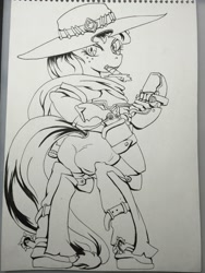 Size: 2448x3264 | Tagged: safe, artist:nipa, derpibooru import, applejack, earth pony, pony, semi-anthro, amputee, chaps, cigar, clothes, cowboy hat, crossover, gun, handgun, hat, jesse mccree, looking at you, looking back, looking back at you, mccreejack, monochrome, overwatch, pistol, prosthetic limb, prosthetics, smoking, solo, spurs, traditional art