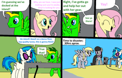 Size: 1003x642 | Tagged: safe, artist:didgereethebrony, derpy hooves, dj pon-3, fluttershy, octavia melody, vinyl scratch, oc, oc:didgeree, earth pony, pegasus, pony, comic:wreck of the renaissance, beach, island, speaker, yay