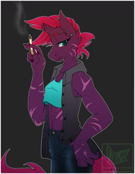 Size: 1400x1800 | Tagged: safe, artist:pastel-pony-pictures, derpibooru import, tempest shadow, anthro, unicorn, my little pony: the movie, broken horn, cigar, cigarette, clothes, ear piercing, earring, eye scar, eyebrow piercing, female, jewelry, looking at you, muscles, pants, piercing, scar, smoking, solo, temple shadow, vest