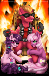 Size: 990x1530 | Tagged: safe, artist:bumblebun, derpibooru import, part of a set, big macintosh, cheerilee, sugar belle, earth pony, pony, unicorn, ammunition, cigar, clothes, crossover, duke nukem, fire, freckles, sitting, sunglasses, video game