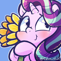 Size: 900x900 | Tagged: safe, artist:talim_stuff, starlight glimmer, unicorn, blushing, chibi, flower, smiling, sunflower