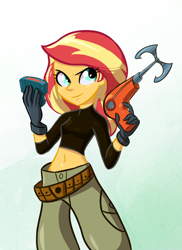 Size: 728x1000 | Tagged: safe, artist:lordfunkyfist, sunset shimmer, equestria girls, clothes, cosplay, costume, crossover, female, grappling hook, kim possible, smiling, solo