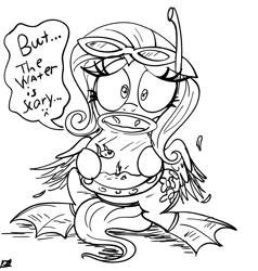 Size: 800x842 | Tagged: safe, artist:daniel-sg, fluttershy, pegasus, pony, fish bowl, flippers, monochrome, scared, sitting, snorkel, solo