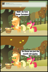 Size: 1047x1572 | Tagged: safe, artist:bronybyexception, apple bloom, applejack, earth pony, pony, ask honest applejack, comic, pointy ponies, silly, silly pony, that pony sure does love apples, tomato, who's a silly pony