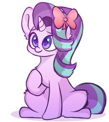 Size: 1131x1260 | Tagged: safe, artist:mindash12, starlight glimmer, pony, unicorn, bow, chest fluff, colored pupils, cute, ear fluff, female, glimmerbetes, hair bow, leg fluff, mare, ribbon, simple background, sitting, solo, white background