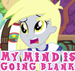 Size: 707x670 | Tagged: safe, edit, edited screencap, screencap, derpy hooves, equestria girls, legend of everfree, amnesia, caption, cropped, expand dong, exploitable meme, image macro, meme, sad, scared, solo focus