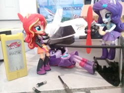 Size: 3264x2448 | Tagged: safe, rarity, sunset shimmer, twilight sparkle, equestria girls, air hogs, cleaning, doll, equestria girls minis, eqventures of the minis, rc plane, screwdriver, storm launcher, toy