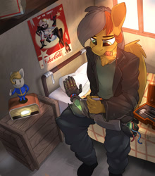 Size: 2200x2500 | Tagged: safe, artist:passigcamel, derpibooru import, oc, oc only, anthro, cyborg, pegasus, plantigrade anthro, fallout equestria, amputee, bed, bedroom, bionic arm, cigar, clothes, commission, fallout, jacket, leather jacket, nuka cola, nuka girl, pants, poster, prosthetic limb, prosthetics, repairing, shoes, sitting, solo, toolbox, vault boy