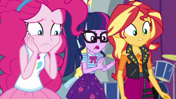 Size: 1920x1080 | Tagged: safe, screencap, pinkie pie, sci-twi, sunset shimmer, twilight sparkle, better together, equestria girls, rollercoaster of friendship, breasts, geode of empathy, geode of sugar bombs, geode of telekinesis