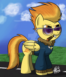 Size: 1024x1197 | Tagged: safe, artist:nesdoesart, derpibooru import, spitfire, bomber jacket, cigar, clothes, jacket, obtrusive watermark, runway, sky, solo, sunglasses, watermark, wonderbolts