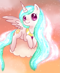 Size: 567x686 | Tagged: safe, artist:saiadass, princess celestia, alicorn, pony, cloud, cloudy, cute, cutelestia, prone, smiling, solo, spread wings