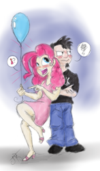 Size: 1127x1920 | Tagged: safe, artist:jorobro, pinkie pie, human, balloon, crossover, crossover shipping, dan, dan pie, dan vs, female, humanized, male, shipping, smiling, straight