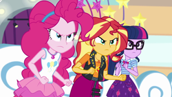 Size: 1920x1080 | Tagged: safe, screencap, pinkie pie, sci-twi, sunset shimmer, twilight sparkle, equestria girls, equestria girls series, rollercoaster of friendship, angry, bowtie, clothes, geode of empathy, geode of sugar bombs, geode of telekinesis, glasses, jacket, magical geodes, skirt, trio