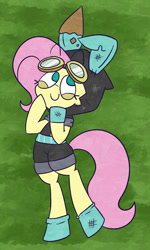 Size: 974x1621 | Tagged: safe, artist:typhwosion, fluttershy, pegasus, pony, semi-anthro, bunny ears, clothes, costume, cute, dangerous mission outfit, female, goggles, green background, happy, hoodie, mare, simple background, smiling, solo