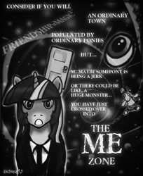 Size: 700x856 | Tagged: safe, artist:balthasar999, derpibooru import, smarty pants, twilight sparkle, door, equation, eye, monochrome, parody, pun, rod serling, text, the twilight zone