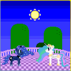 Size: 480x480 | Tagged: safe, artist:zztfox, princess celestia, princess luna, alicorn, pony, animated, crescent moon, cute, day, duo, female, looking at each other, magic, moon, moon work, night, pixel art, raising the moon, raising the sun, remake, royal sisters, sisters, smiling, sun, sun vs moon, sun work