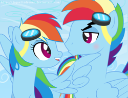 Size: 1024x787 | Tagged: safe, artist:jaquelindreamz, derpibooru import, rainbow blitz, rainbow dash, pegasus, pony, goggles, rule 63, wing hands